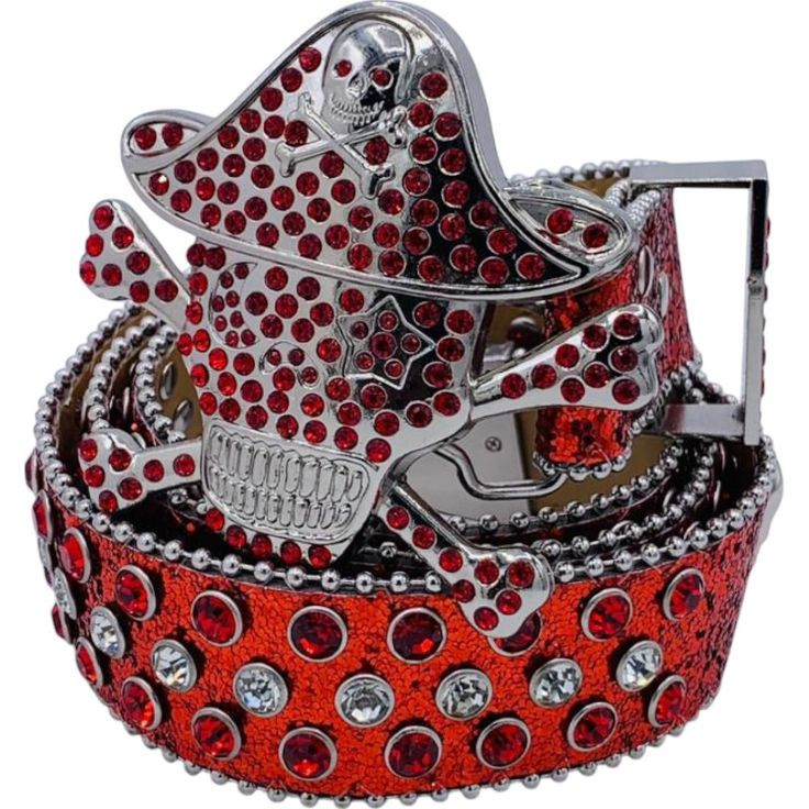 Ceinture Rouge avec Boucle Tête de Mort Pirate et Strass Rouges