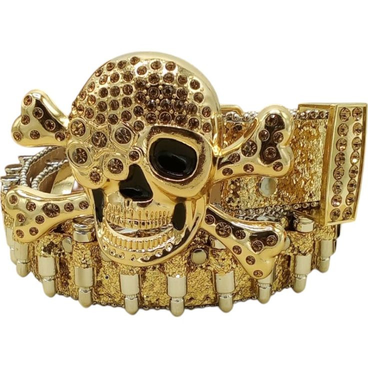 Ceinture Dorée Style Cartouchière avec Boucle Tête de Mort et Strass