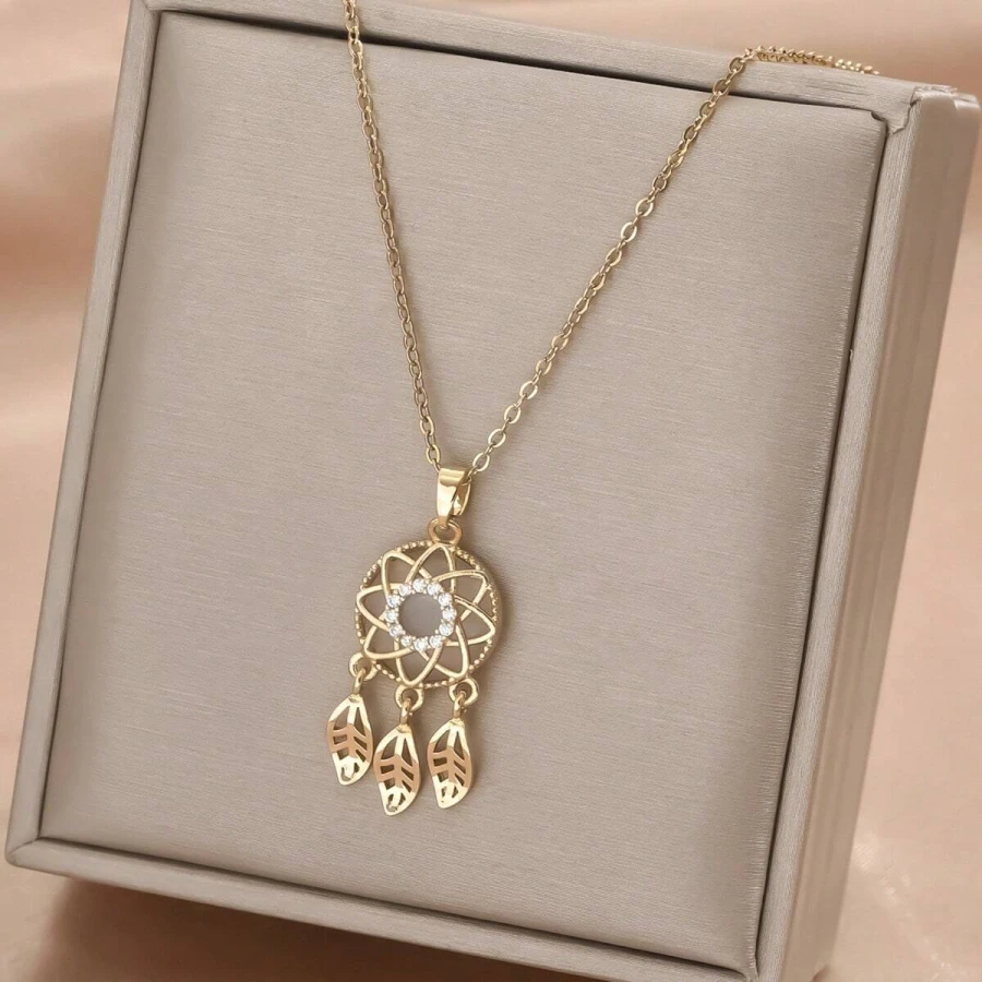1 Pièce Chaîne En Acier Inoxydable Plaquée Or Avec Pendentif Attrape-rêves à pampilles En Zircone Cubique Et œil De Chat Pour Femmes, Couples, Fête, Mode De Rue, Usage Quotidien, Trajet