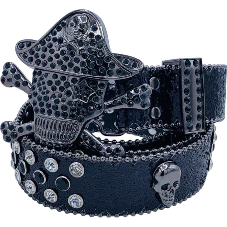 Ceinture Noire avec Boucle Tête de Mort Pirate et Strass Noirs