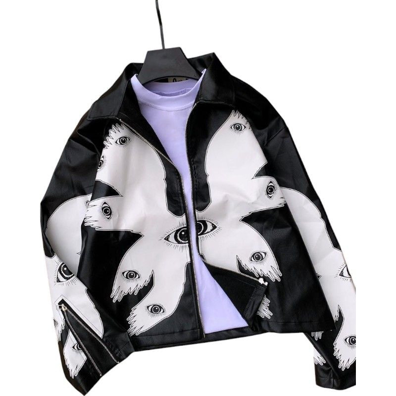 Veste en Similicuir Noir Motif  blanc "Yeux Mystiques" - Édition Limitée