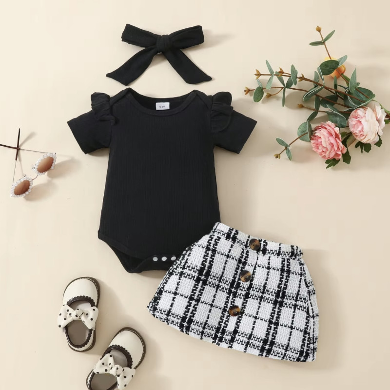 Ensemble chic bébé fille 3 pièces – Body noir, jupe à carreaux et bandeau