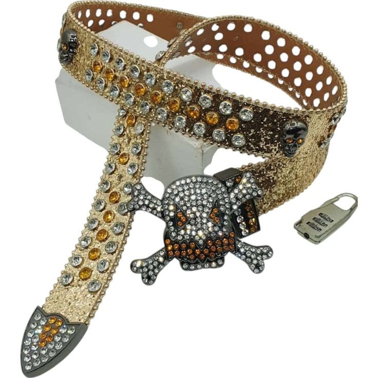 Ceinture Dorée avec Boucle Tête de Mort et Strass  - Avec Cadenas
