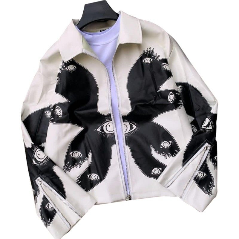 Veste en Similicuir Blanc Motif  noir "Yeux Mystiques" - Édition Limitée