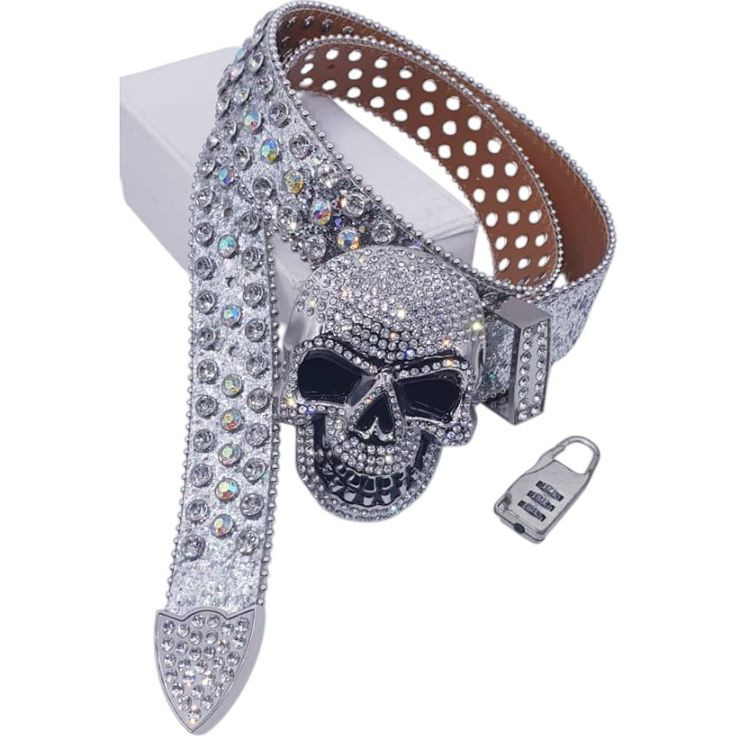 Ceinture Argentée avec Boucle Tête de Mort et Strass - Avec Cadenas