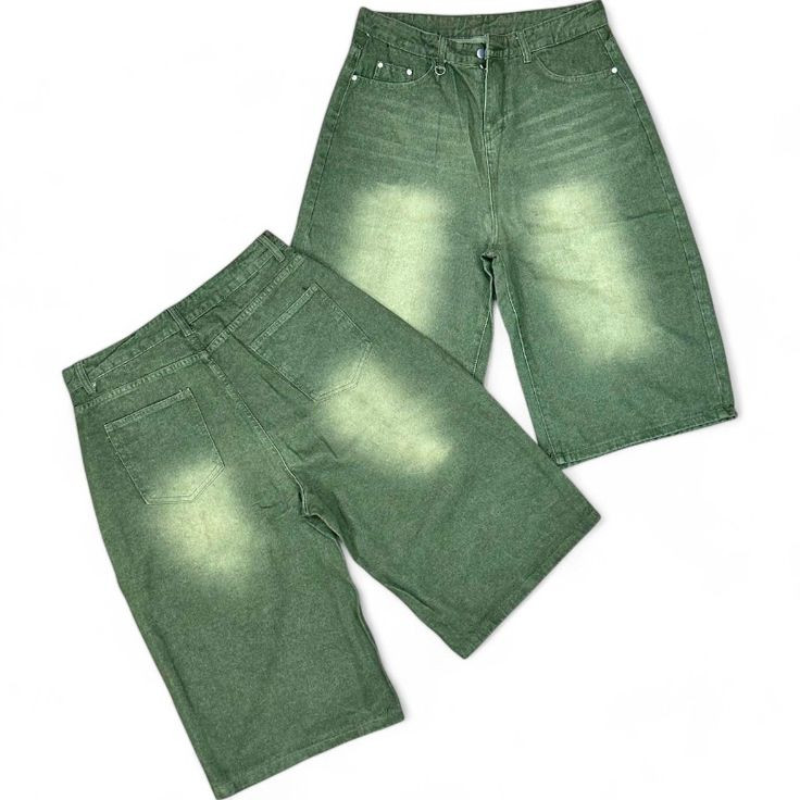Short en jean baggy vert homme - style streetwear - coupe ample et décontractée