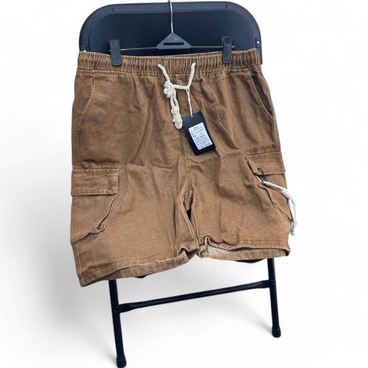 Short Cargo Homme en Jean Marron - Multi-Poches - Taille Élastique