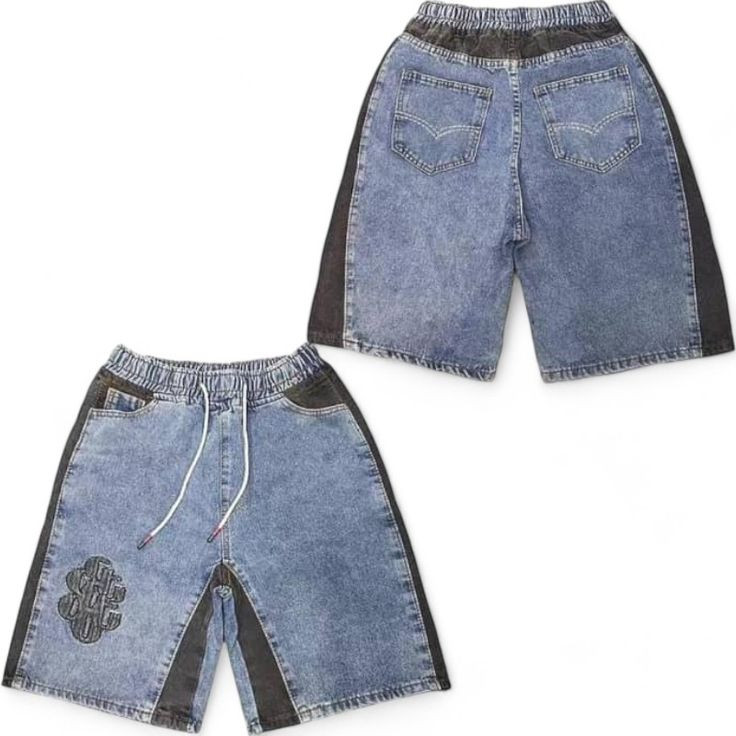 Short en jean bleu homme - style urbain -  bandes latérales contrastées - cordon de serrage