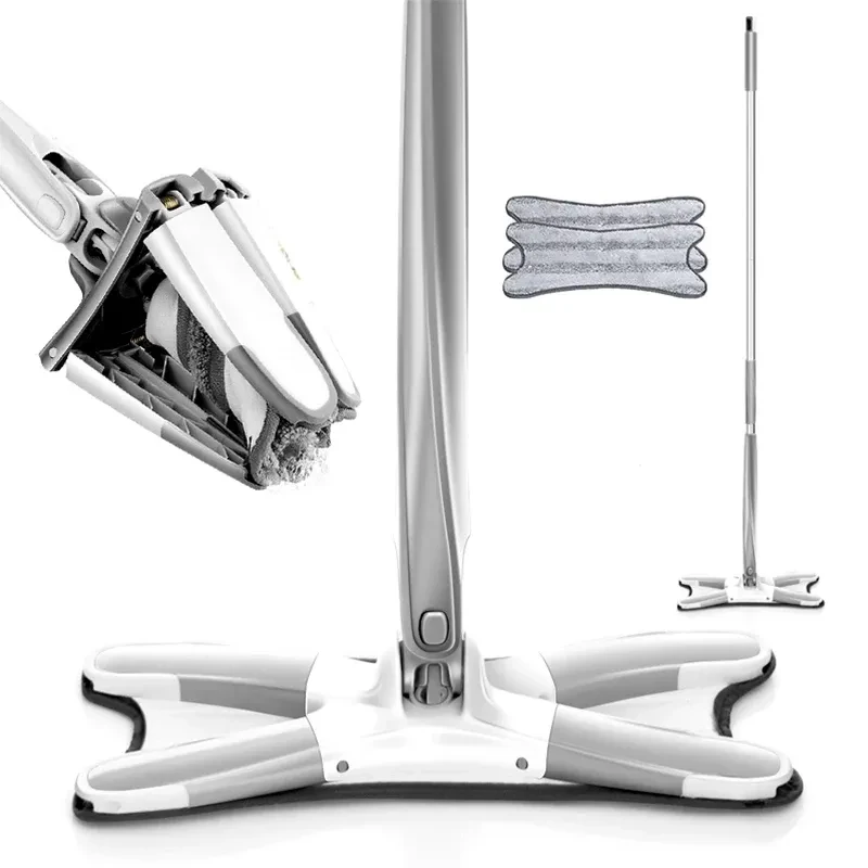 Serpillière plate rotative à 360 degrés type X, avec tampons de rechange en microfibre, Extrusion manuelle, outil de nettoyage des sols ménagers