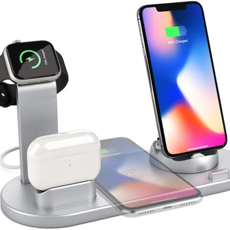 Station de Charge sans Fil 6 en 1, Station de Charge rotative à 360° pour Apple/Micro/Téléphone de Type C/Airpods, Chargement sans Fil Qi pour iPhone 8/9/10/11/série 12/Samsung, Support pour iWatch