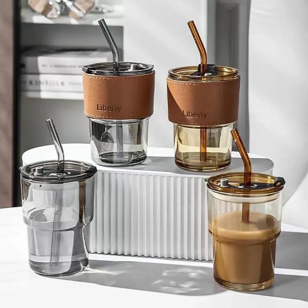 Tasse à café classique en verre de 450ml, avec couvercle, pour thé, lait, avec paille, pour boissons, cadeaux,