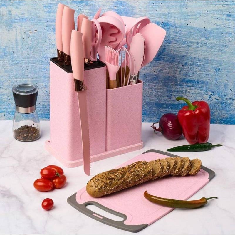 Ustensiles de cuisine en silicone ensemble de 19 Pièces antiadhésifs pelle spatule avec seau de rangement et combinaison de couteaux