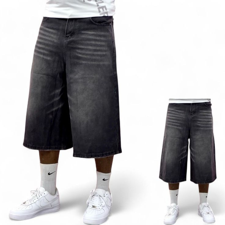 Short long en jean noir homme - style baggy - coupe ample et décontractée