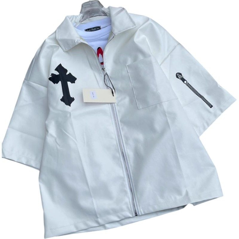 Veste Turquoise "Croix" en Similicuir blanc - Style Urbain Affirmé