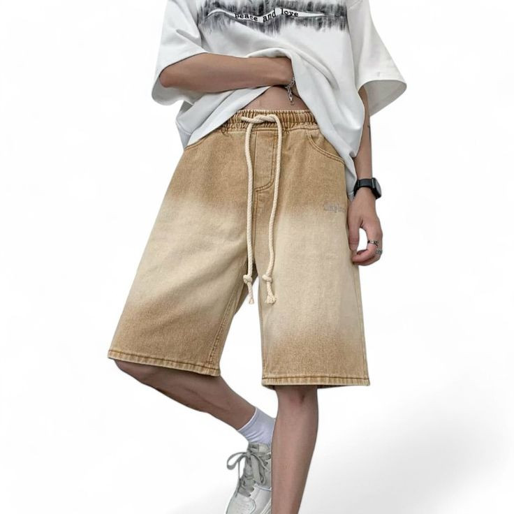  Short en Jean Homme - Coupe Ample - Délavage Dégradé Marron - Taille Élastique avec Cordon
