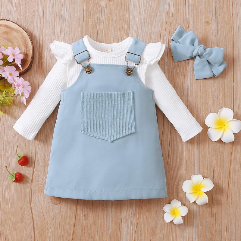 Ensemble bébé fille 2 pièces – Robe salopette bleue et haut blanc à volants + nœud assorti