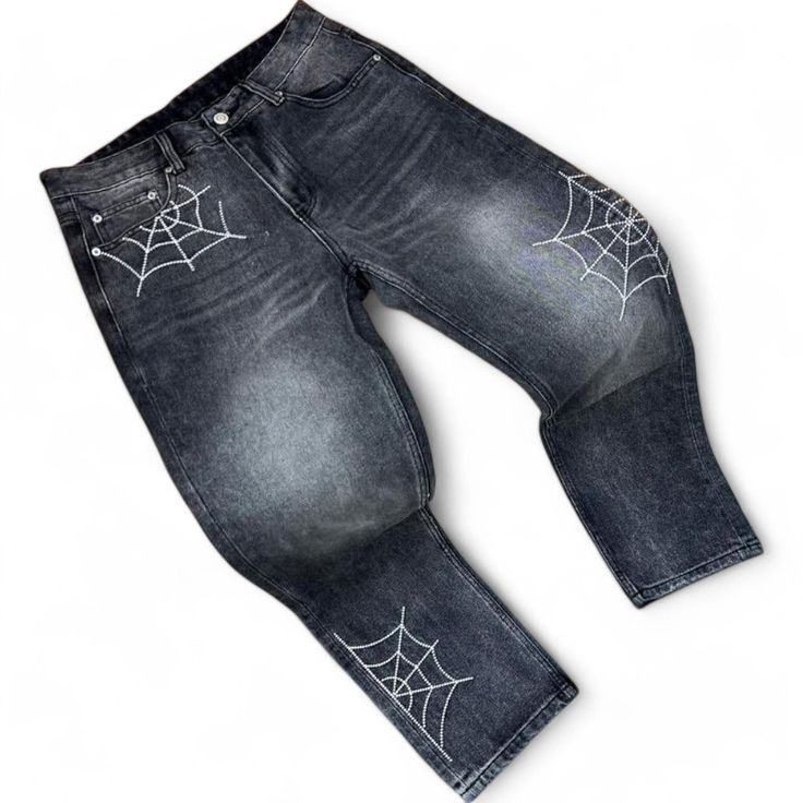 Jean noir homme - style gothique - motifs toile d'araignée - coupe décontractée