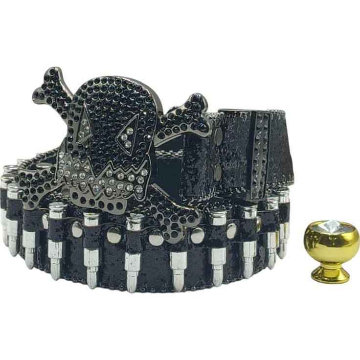 Ceinture Noire Style Cartouchière avec Boucle Tête de Mort et Strass