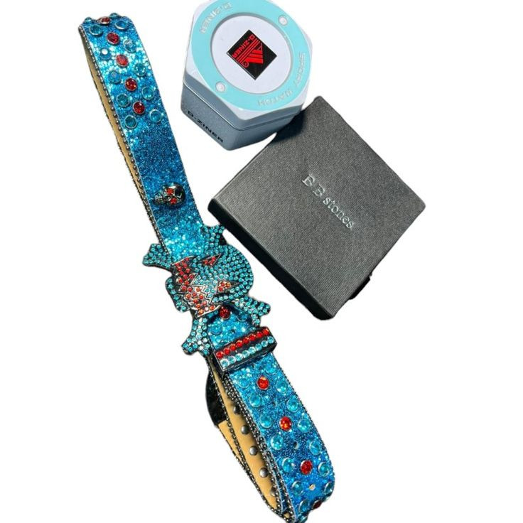 Ceinture Bleue BB Simon avec Boucle Tête de Mort et Strass