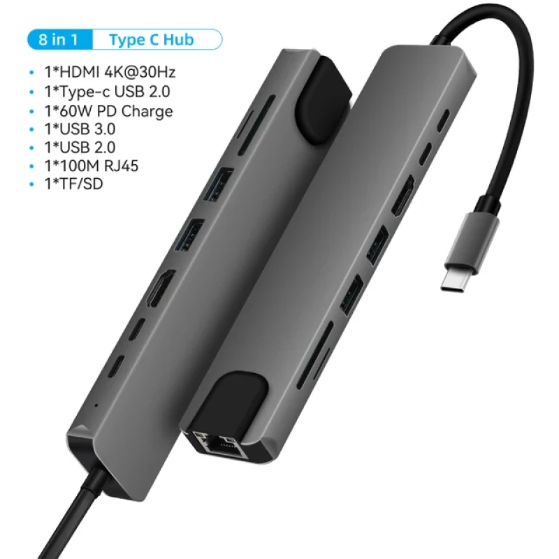 HUB USB C, Adaptateur USB C 8 en 1 avec HDMI 4K, PD 100 W, Port USB C, USB 3.0, Ethernet RJ45, Lecteur de Carte SD/TF, Station d'accueil Compatible avec MacBook Pro/Air et Autres Appareils de Type C