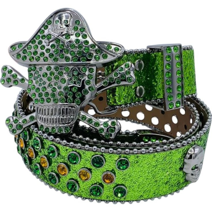 Ceinture Verte avec Boucle Tête de Mort Pirate et Strass
