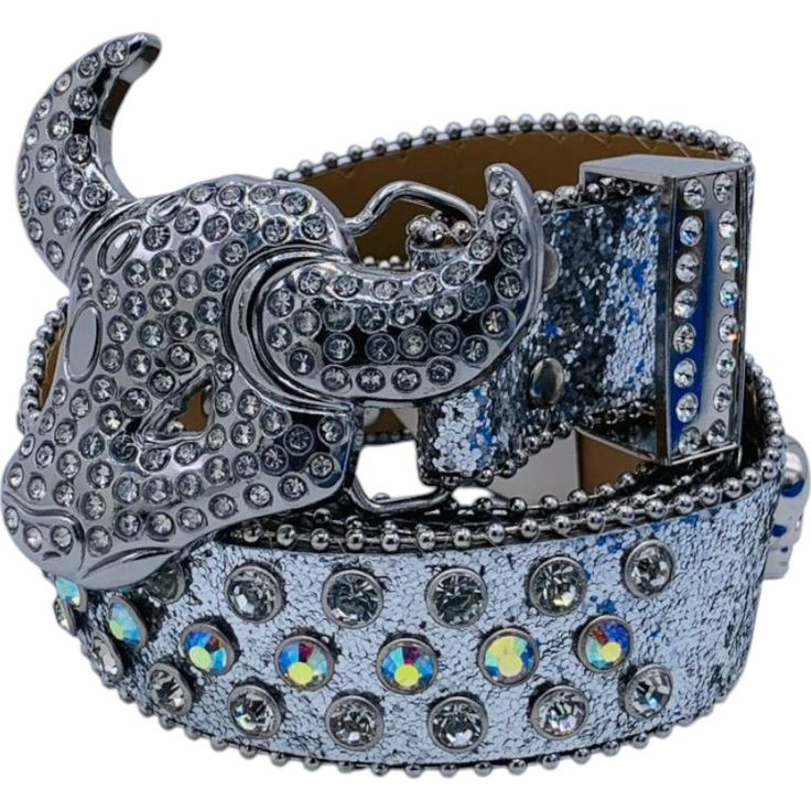 Ceinture Argentée avec Boucle Tête de Taureau et Strass