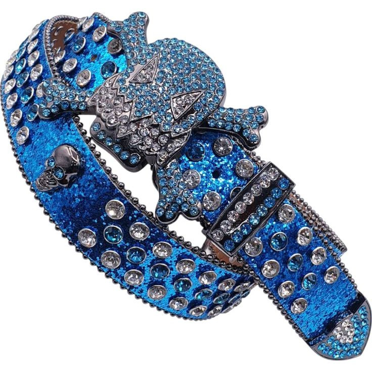 Ceinture Bleue avec Boucle Tête de Mort et Strass