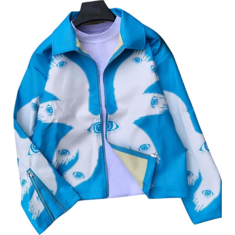 Veste en Similicuir bleu Motif  blanc  "Yeux Mystiques" - Édition Limitée