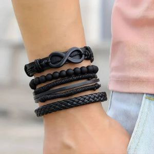 Ensemble de 4 bracelets en cuir rond tressé