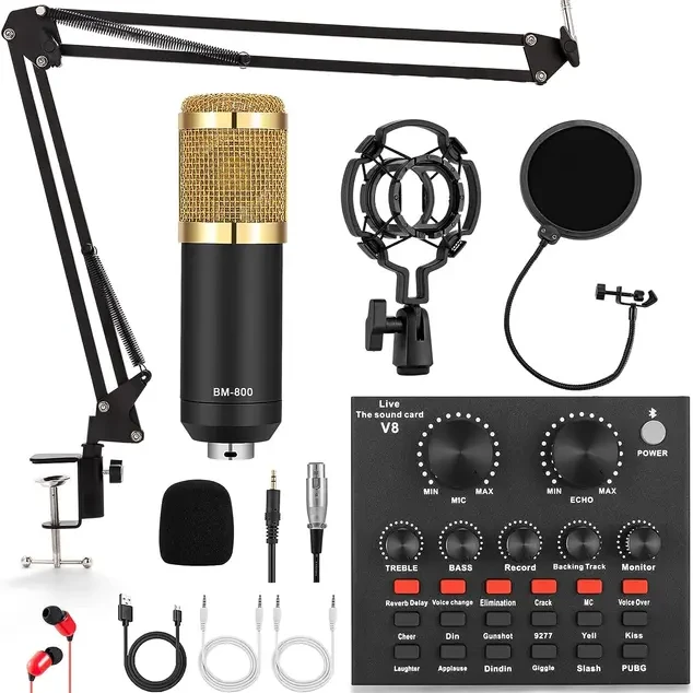 Ensemble d'équipement de podcast avec carte son en direct tout-en-un et microphone à condensateur, statique, diffusion en direct
