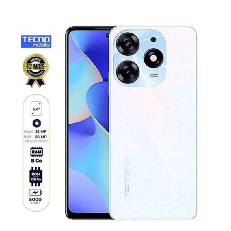 Tecno Spark 10 PRO - 6,6'' HD+ - 4G - 2SIM - 8Mpx/13Mpx - 8Go + 128Go - 5000 MAh - Blanc