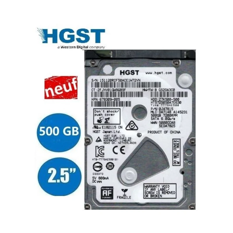 Hgst Disque dur interne pour pc portable 500GB HDD 2.5 Vitesse 7200 tours/min Original