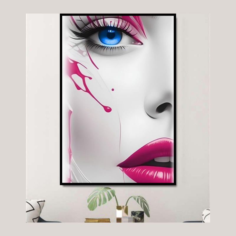 tableau rose femme aux yeux bleu