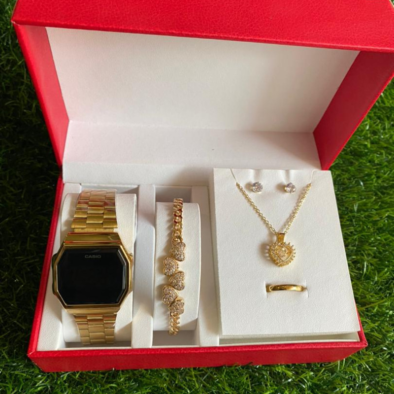 Ensemble collier boucles montre et bague