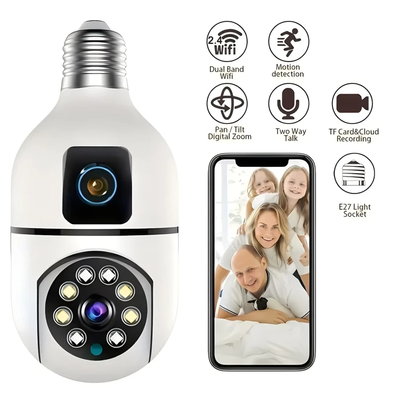 Caméra de surveillance intérieure à lentille pour touristes, moniteur de sécurité domestique intelligent, vision nocturne, sans fil, alarme vocale, WiFi, ampoule