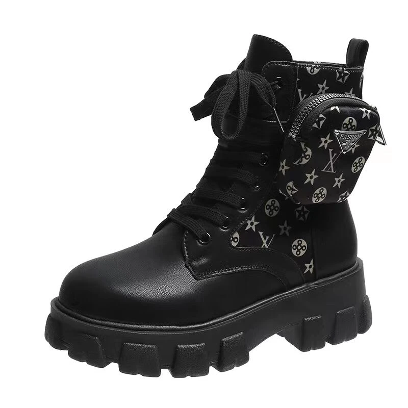 Bottes  Femmes, Chaussures à Semelle Compensée Bout Rond avec Bride à Boucle, Bottines Courtes à Lacets à la Mode pour Femmes